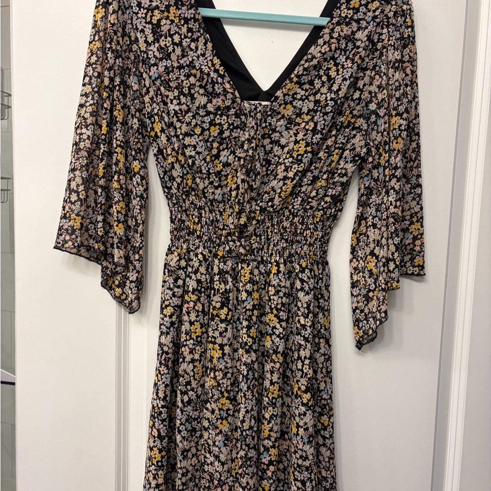Bailey Blue | Black Floral Lace Up 3/4 Sleeve Dress